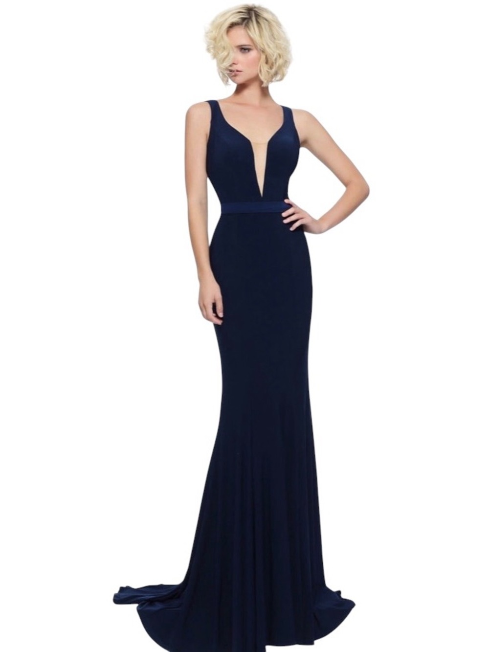 Sherri Hill navy back beaded sequins Deep V Plunge Evening Gown lining size 10